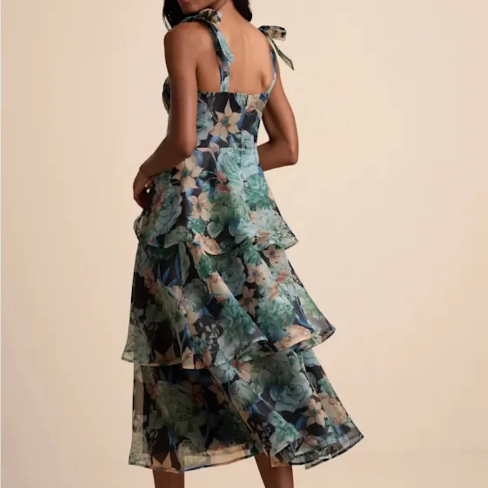 Lulus Playfully Posh Black Floral Organza Tie-strap Tiered Midi Dress - Size M - Picture 3 of 3